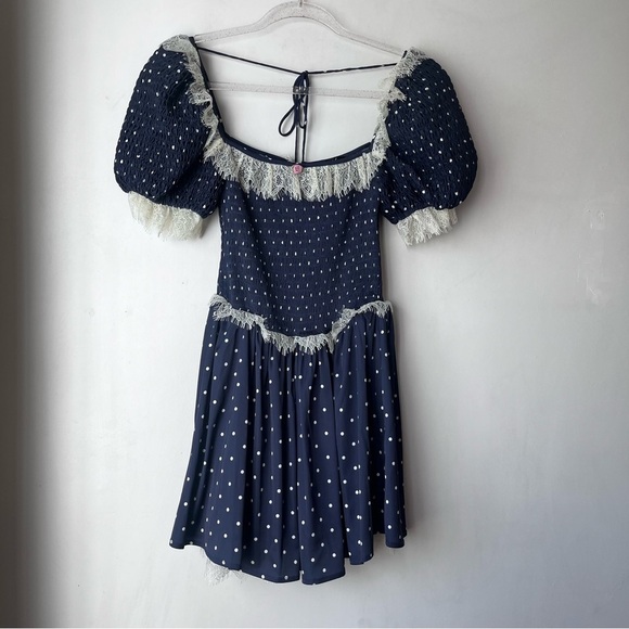 For Love & Lemons Ines Navy Blue & White Polka Dot Lace Trim Mini Dress S NWT - Picture 5 of 8